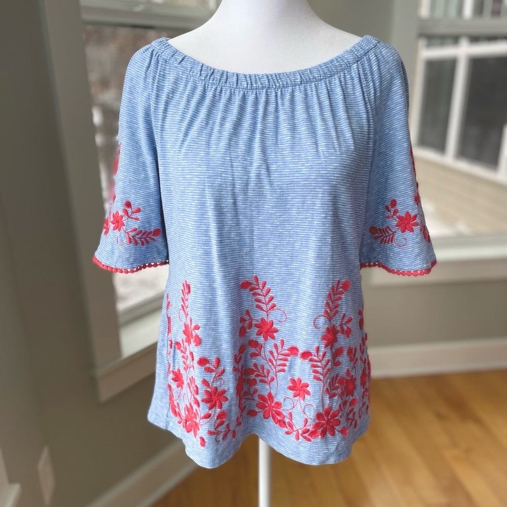 Talbots Petite Lt Blue White Stripe Red Floral Embroidery Off the Shoulder Top S